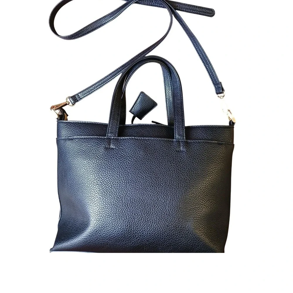 A New Day Black Pebbled Faux Leather‎ Triple Compartment Tote Crossbody Bag